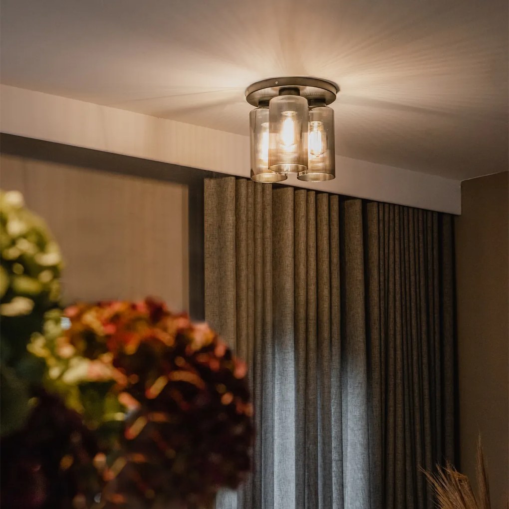 Candeeiro de tecto Art Deco preto com vidro fumê 3 luzes - Laura