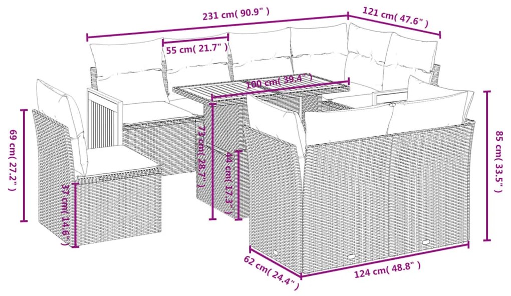 9 pcs conjunto sofás p/ jardim com almofadões vime PE cinzento