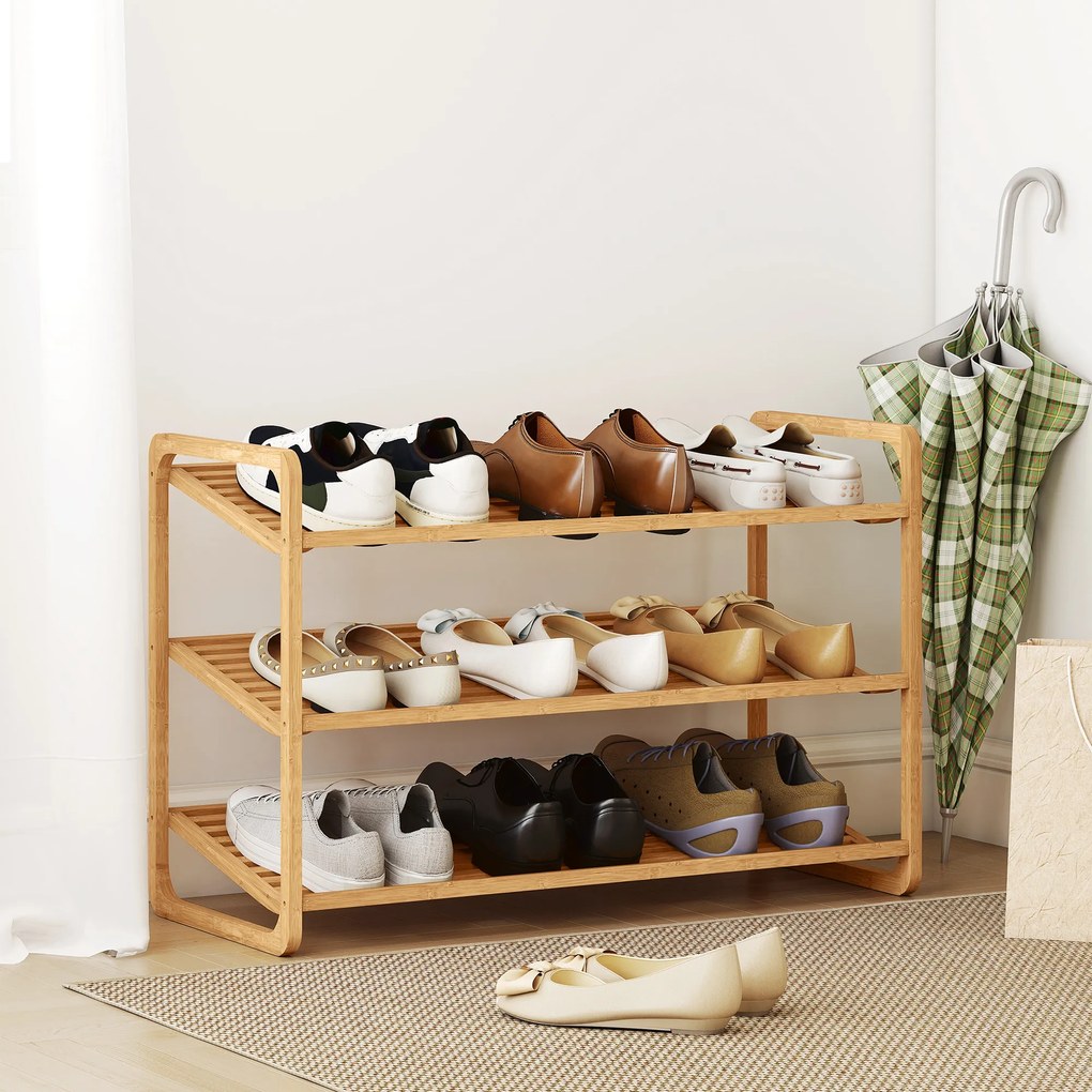 Sapateira de 3 Níveis Estante para Sapatos em Bambu para 12 Pares de Sapatos 76x33x50,8 cm Madeira