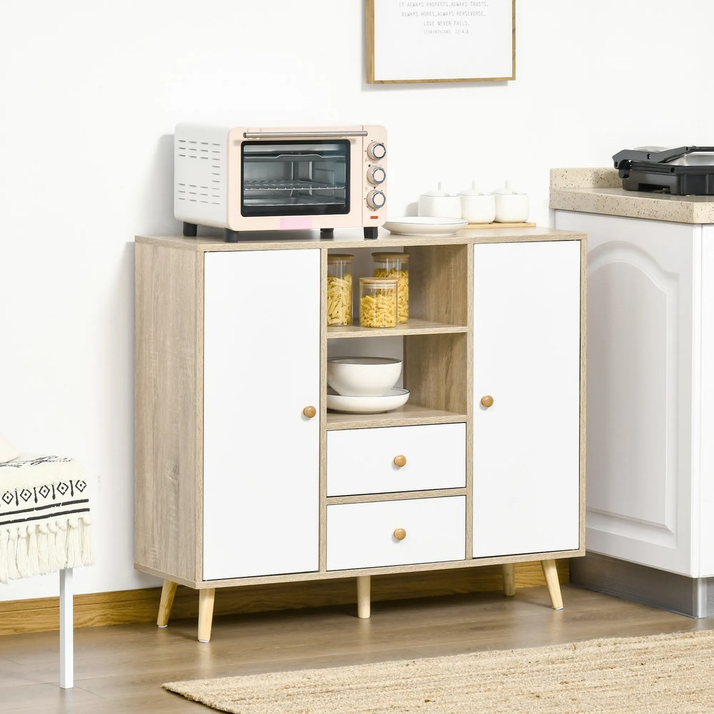 HOMCOM Aparador de Sala de Estar com 2 Portas 2 Gavetas e 2 Prateleiras Abertas Móvel Auxiliar de Armazenamento para Cozinha Entrada 100x30x85cm Branco e Natural
