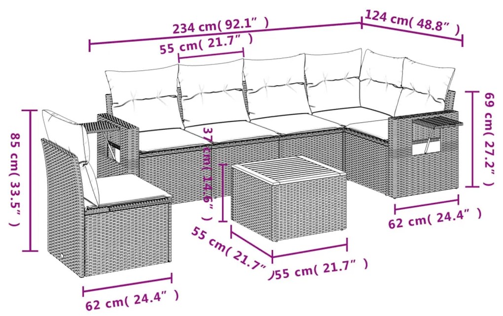 7 pcs conjunto de sofás p/ jardim c/ almofadões vime PE preto