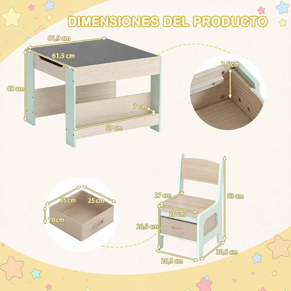 Conjunto de 1 Mesa de Atividades e 2 Cadeiras Infantis, 61,5 x 61,5 x 48 cm, Tampos Reversíveis com Quadro de Giz, Verde