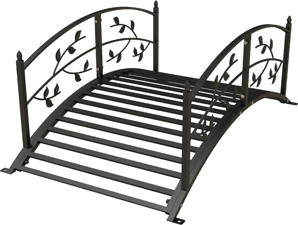 Ponte de jardim para lagoa, decoração de jardim 119 x 67 x 47 cm, com balaustrada com motivo de videira, em aço preto