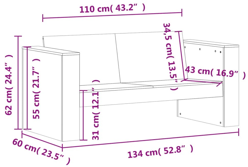 Sofá de 2 lugares para jardim 134x60x62 cm pinho maciço