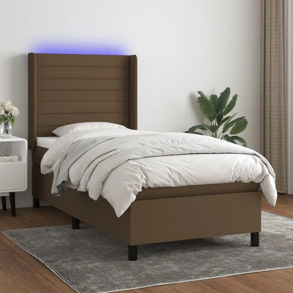 Cama box spring c/ colchão/LED 90x200 cm tecido castanho-escuro