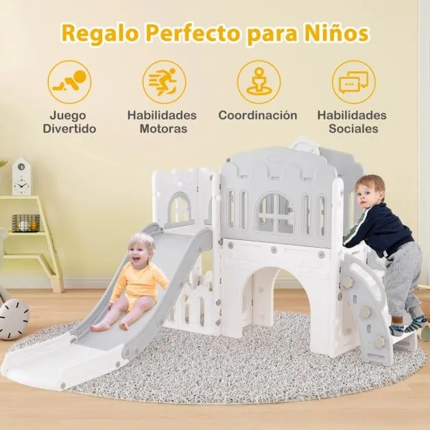 Escorrega infantil 9 em 1 com cesto de basquetebol, telescópio, ponte suspensa e túnel para 1+ anos 176 x 138 x 80 cm cinzento e branco