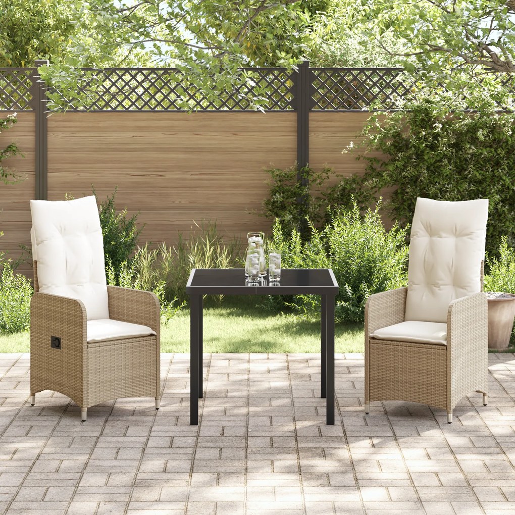 Conjunto de Jantar de Jardim de 3 Peças com Almofadas Bege Vime Poliés