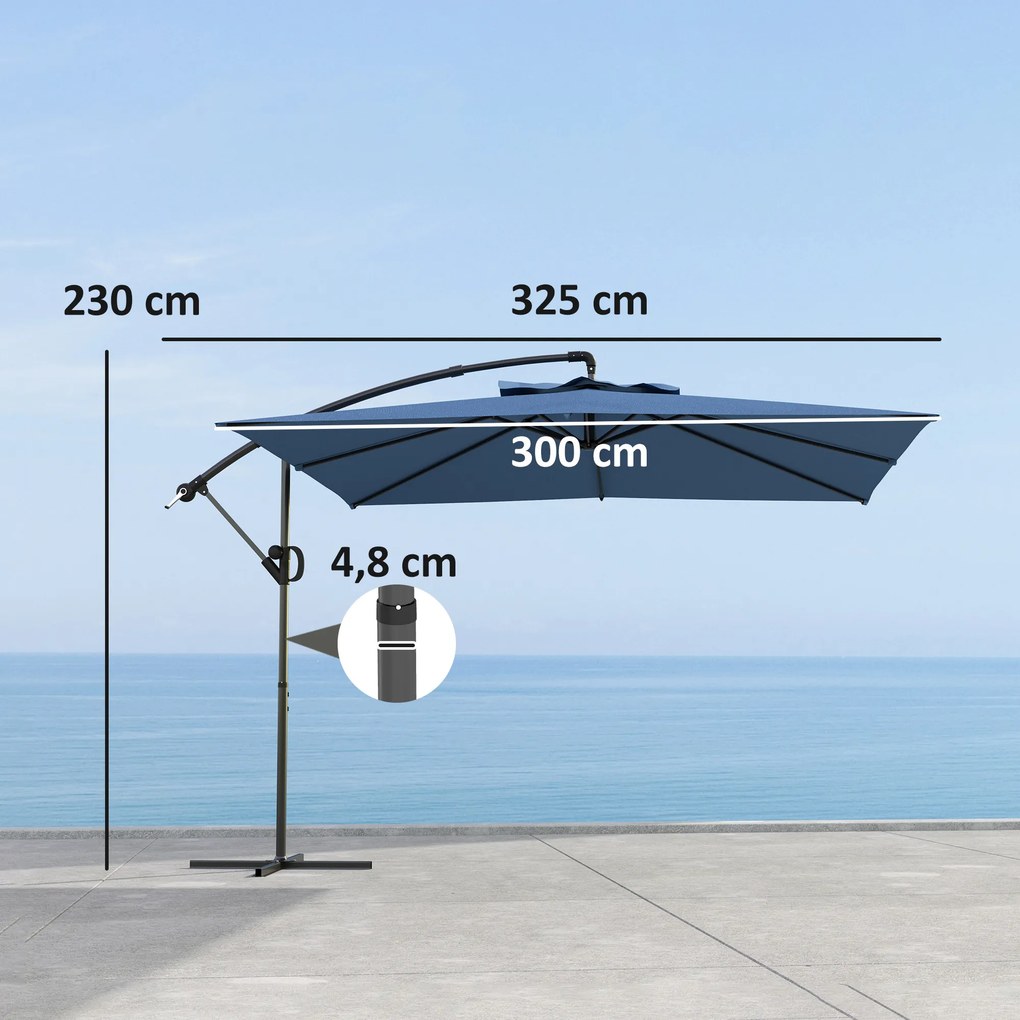 Guarda-sol  de 3 x 3 m com manivela, base em cruz, inclinação ajustável e rotação de 360°, de 180 g/m² azul