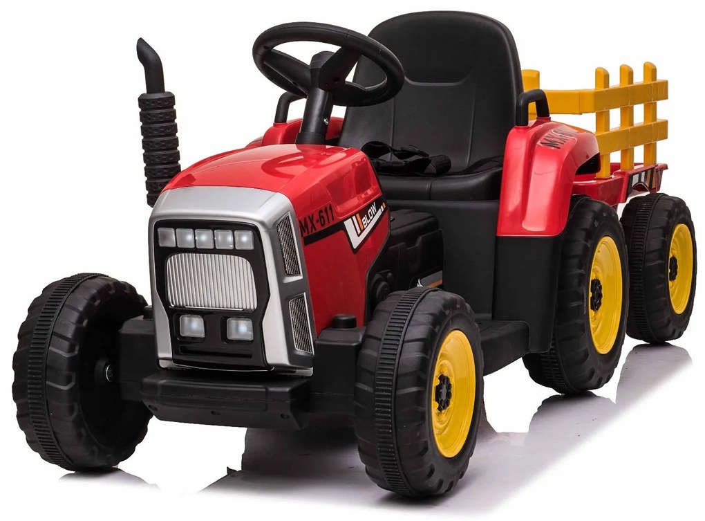 Trator elétrico WORKERS com reboque, vermelho, tração traseira, bateria 12V, rodas plásticas, assento largo de plástico, controle remoto 2,4 GHz, MP3