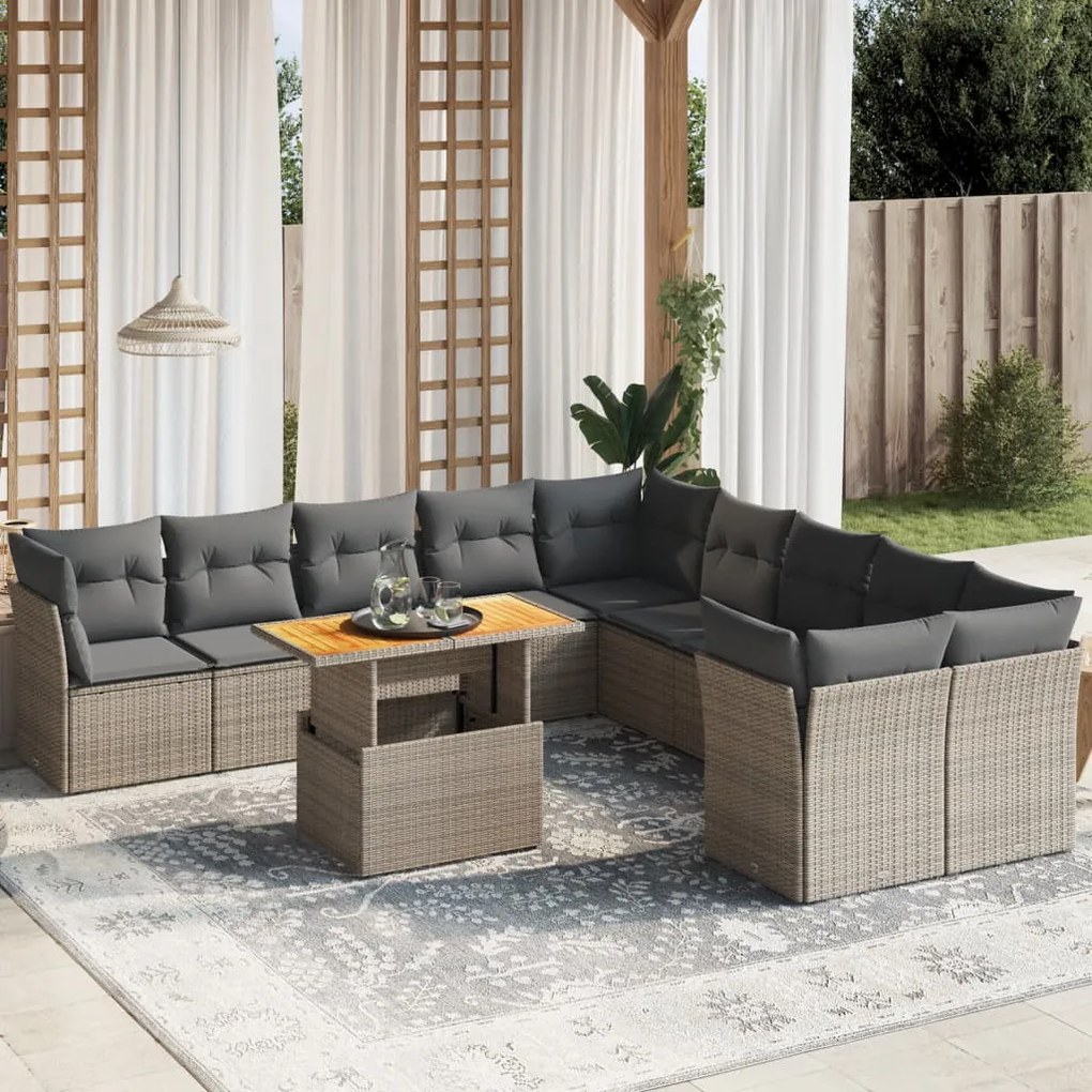 11 pcs conjunto sofás de jardim c/ almofadões vime PE cinzento