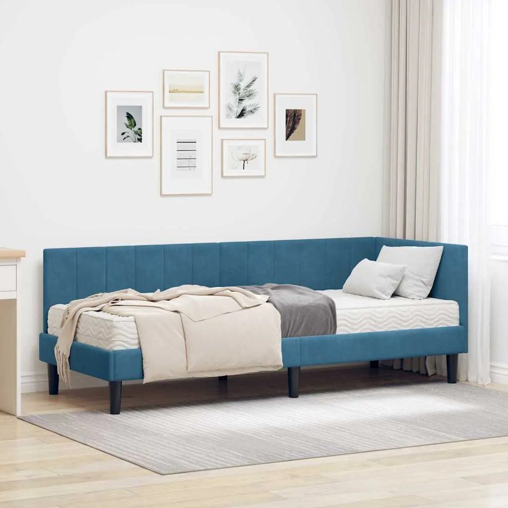 vidaXL Estrutura de Cama de Canto com Colchão 2 pcs Azul Veludo