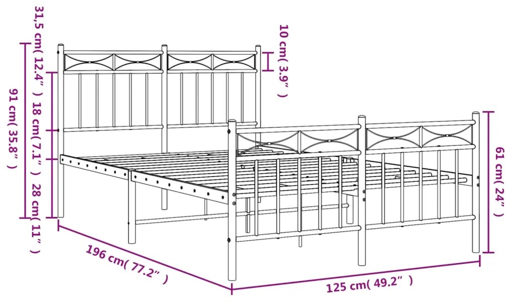 Estrutura de cama com cabeceira e pés 120x190 cm metal preto
