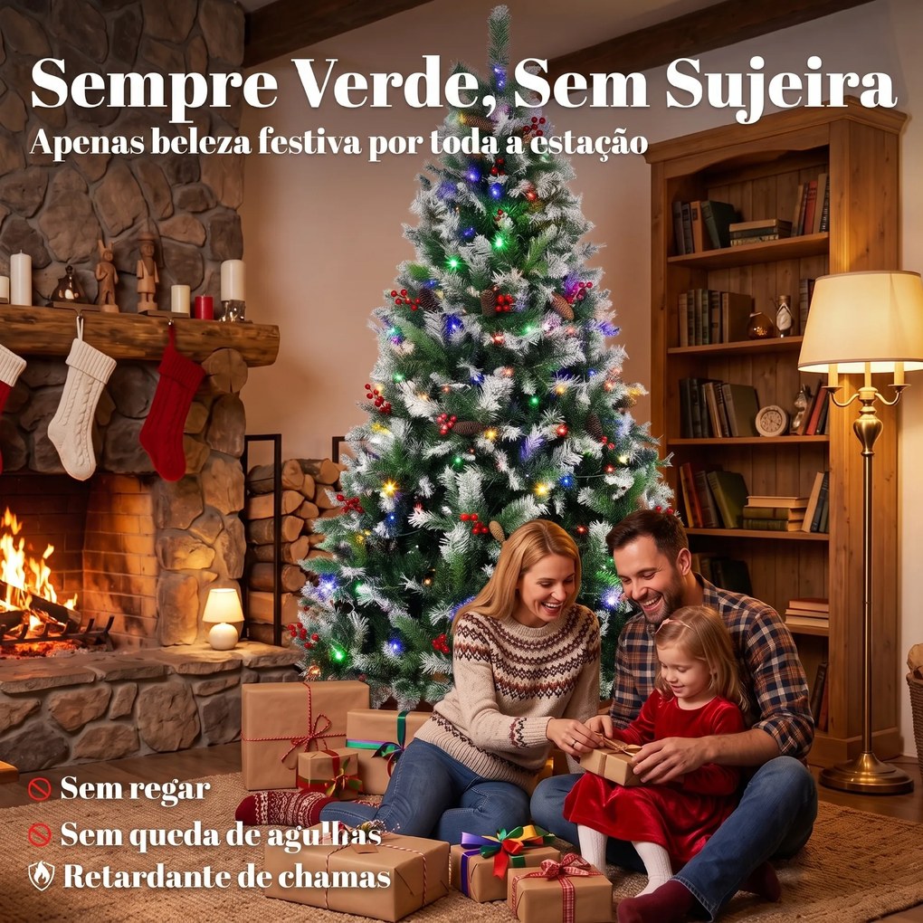 Árvore de Natal Nevada 180 cm com 250 LED 11 Modos Comando à Distância 840 Pontas 34 Pinhas e 34 Bagas Verde