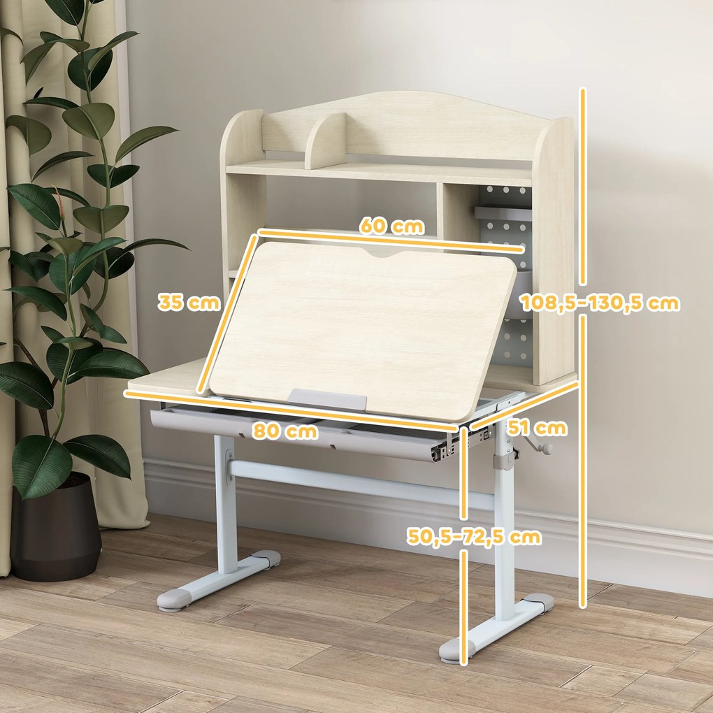 Secretária para crianças, secretária de estudo com altura regulável e tampo inclinável, 80 x 51 x 108,5-130,5 cm, natural