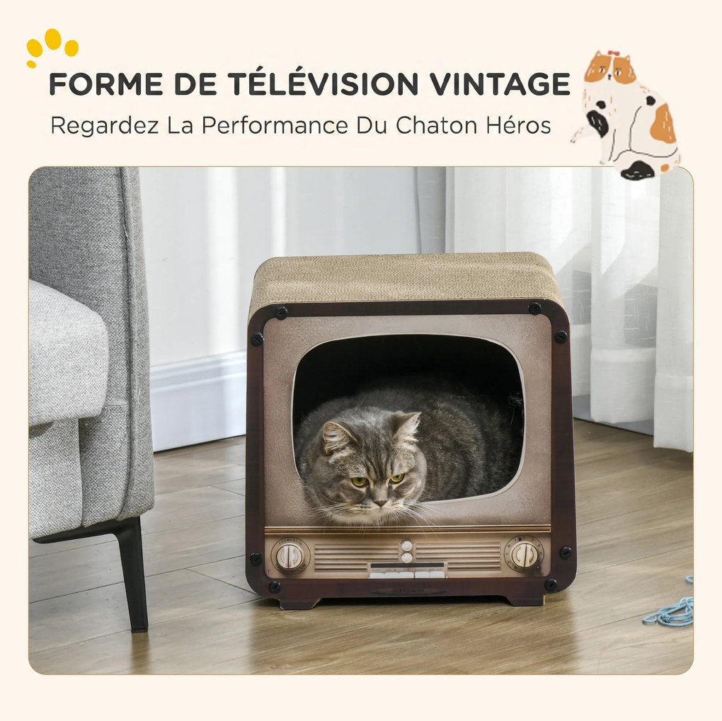 Arranhador para gatos 2 em 1 em forma de televisor 39 x 29 x 37 cm, com casinha e tapete para arranhar em cartão ondulado, castanho