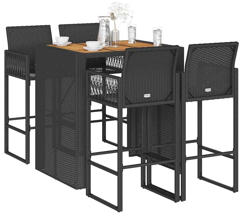 5 pcs conj. de bar jardim sem almofadões vime PE/acácia preto