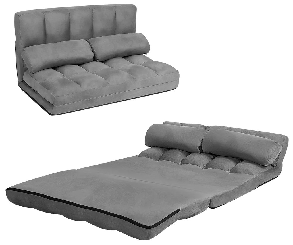 Sofá de chão ajustável Sofá-cama dobrável em 6 posições Revestimento removível em camurça com 2 almofadas Cinza