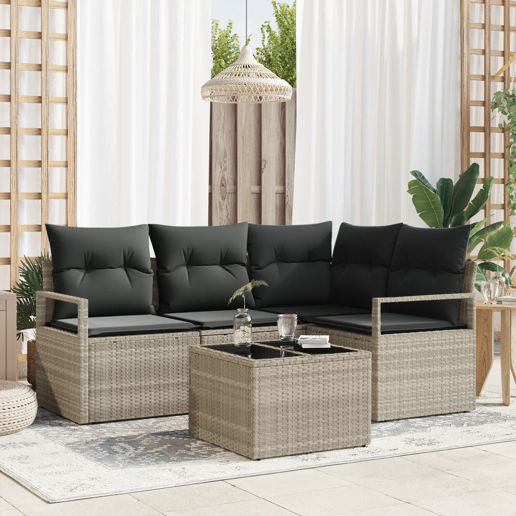Conjunto de Sofá de Jardim vidaXL 5 Peças com Almofadas Cinza Rattan P