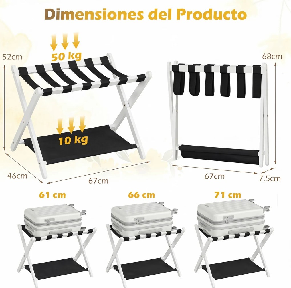 Porta-bagagens dobrável de 2 níveis em madeira de borracha 67 x 46 x 52 cm, com prateleiras de nylon e Estrutura em X, para quarto de hotel, preto + b