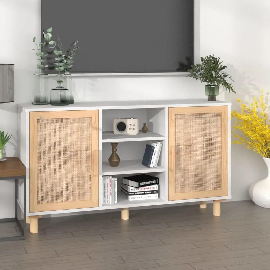 Aparador 105x30x60 cm madeira pinho maciça/vime natural branco