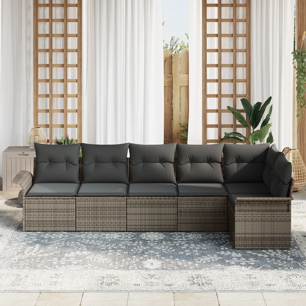 Conjunto de Sofá de Jardim de 6 Peças com Almofadas Cinzento Rattan Po