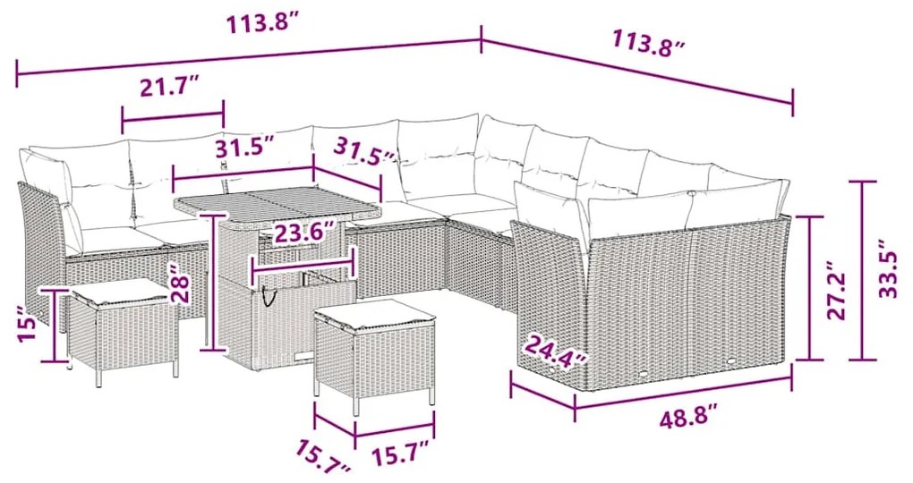 Conjunto de Sofá de Jardim com 13 Peças e Almofadas Pretas em Rattan e