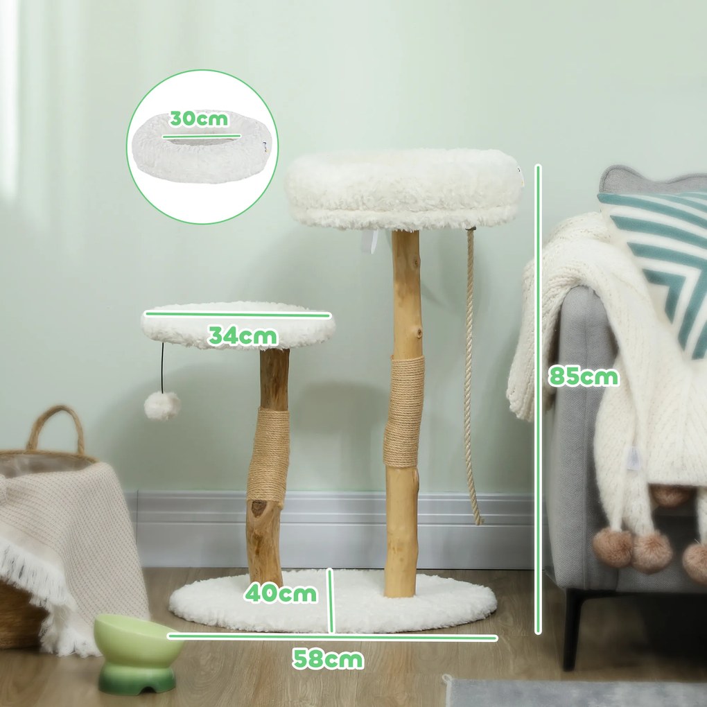 Arranhador para gatos com cama 58 x 40 x 85 cm, postes para arranhar, plataforma de salto, bola e corda de brincar,  branco