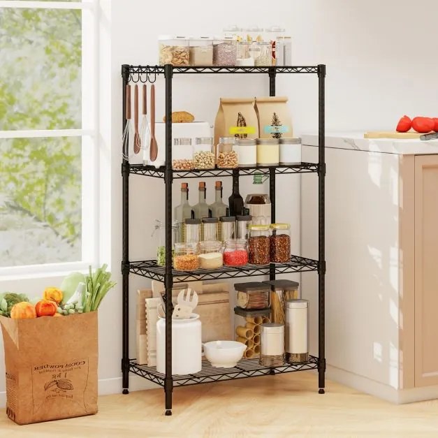 Estante metálica 59 x 34 x 108 cm ajustável de 4 níveis com grelha de arame com capacidade para 272 kg para casa, cozinha, garagem, escritório Preta