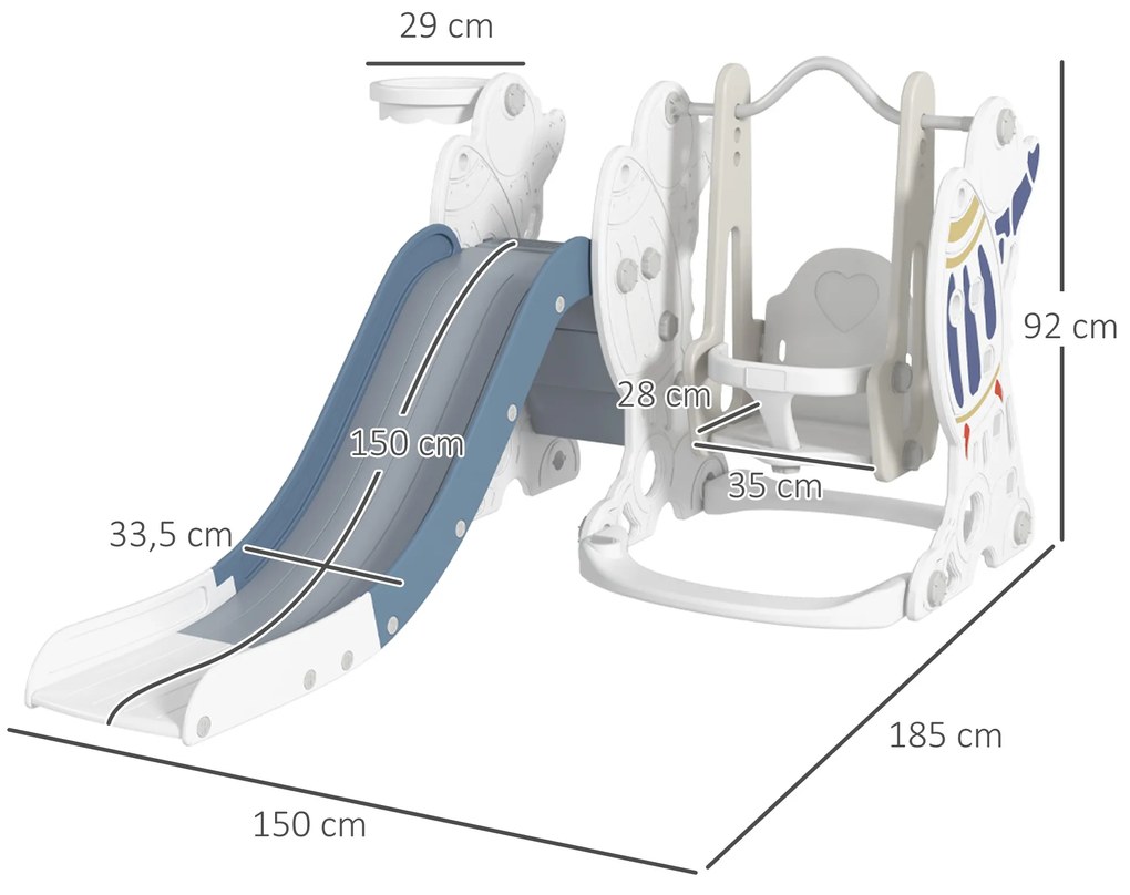 Conjunto de Escorrega e Baloiço para Crianças 3 em 1 para 18-48 Meses Cesto de Basquetebol 150x185x92 cm Branco e Azul