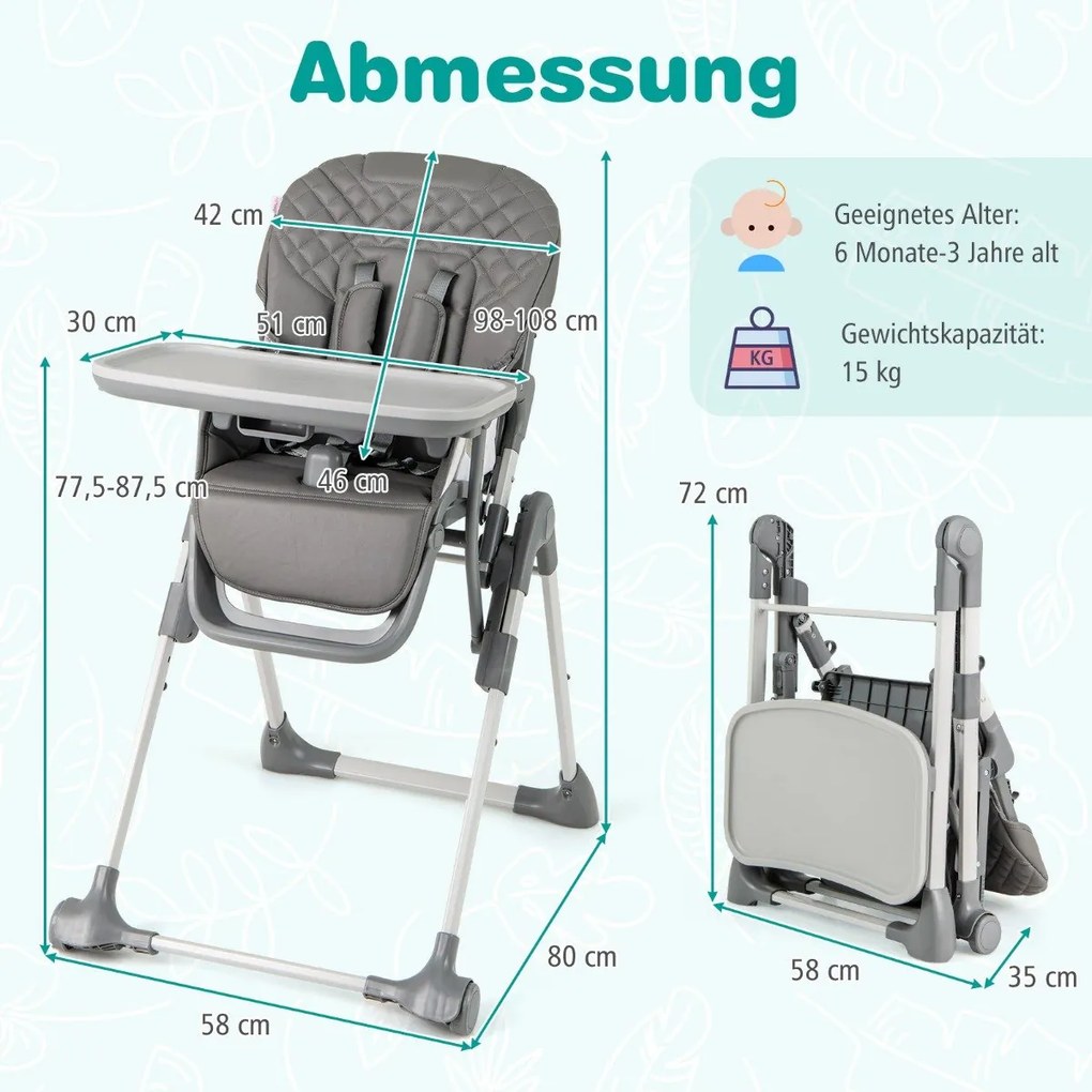 Cadeira refeição alta dobrável para bebés, cadeira infantil com função reclinável e altura ajustável, cinzenta