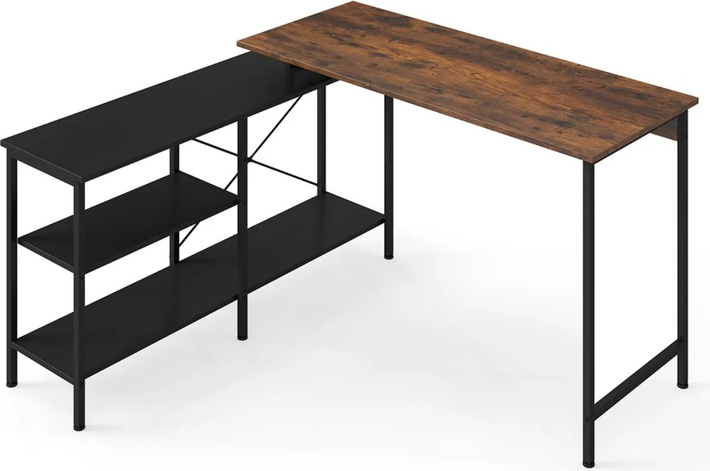 Secretária reversível 135 x 120 x 74,5 cm em forma de L de canto para computador e jogos com 2 prateleiras de armazenamento Castanho rústico + preto