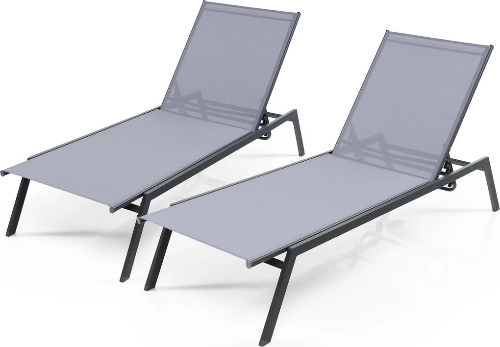 Conjunto de 2 Espreguiçadeiras de Exterior, 199 x 70 cm, Encosto Ajustável em 6 Níveis, Cinzento