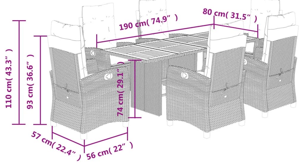 7 pcs conjunto de jantar p/ jardim c/ almofadões vime PE preto