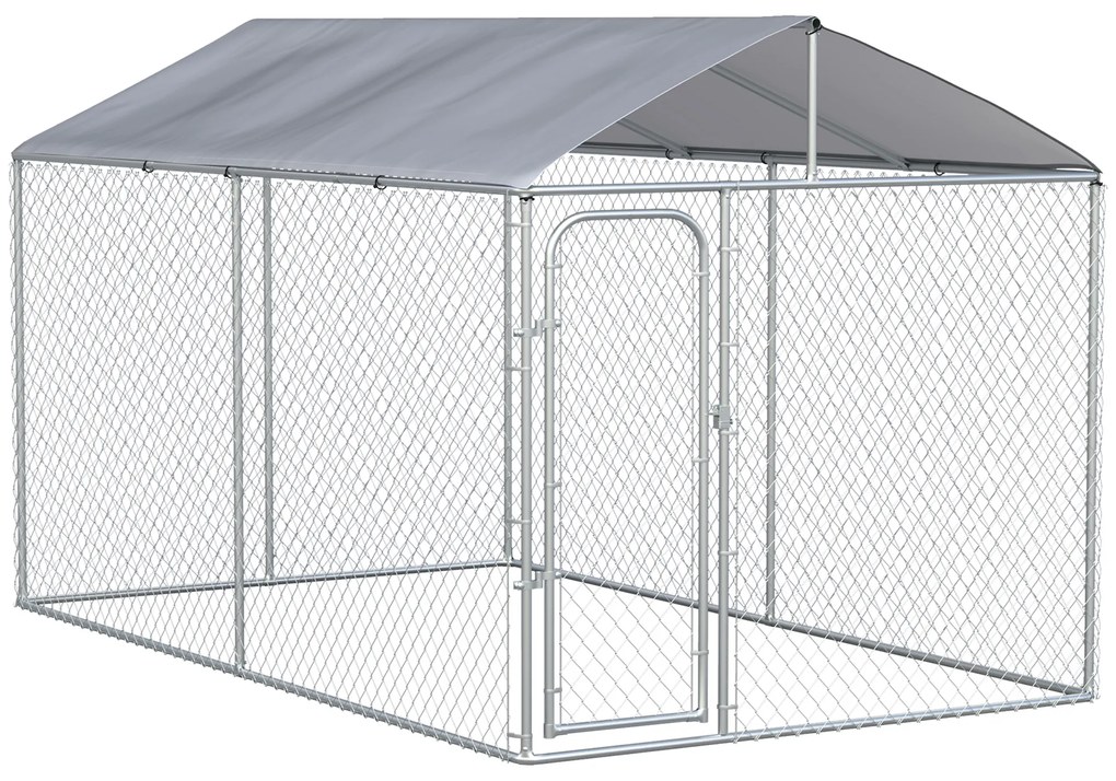 PawHut Canil de Exterior com Toldo Anti-UV Porta com Trava e Estrutura de Metal Galvanizado 4x2,3x2,32 cm Prata | Aosom Portugal