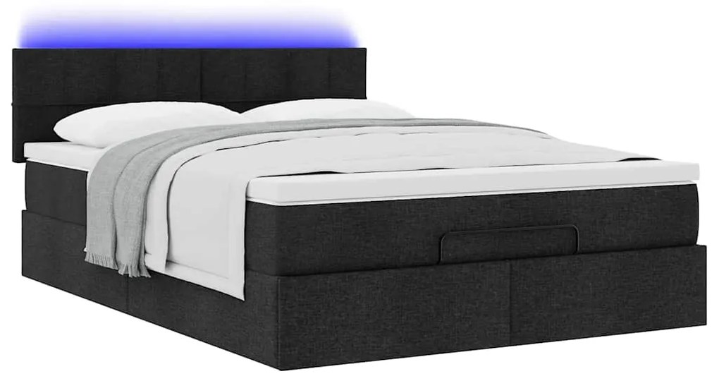 Cama Otomana com Colchão &amp; LEDs Preto 140x190cm Tecido