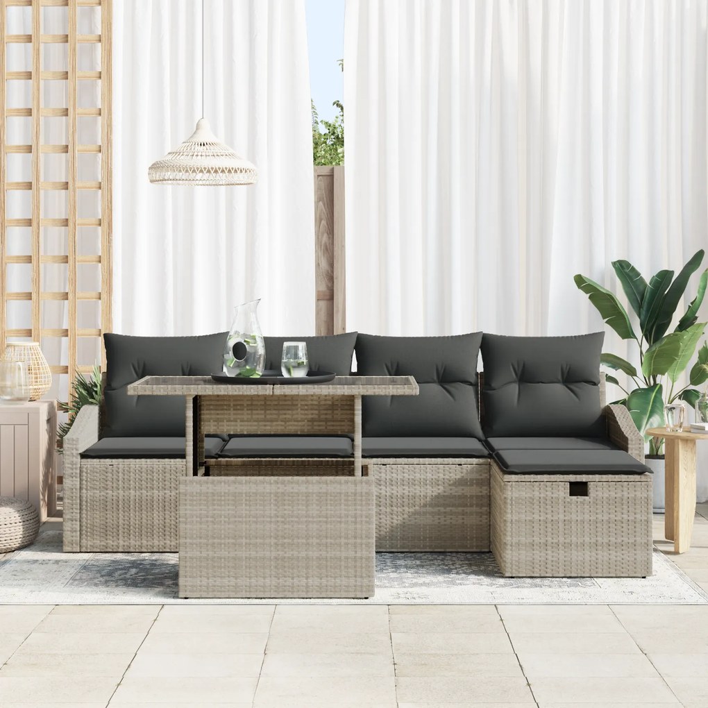 Conjunto de Sofá de Jardim com Almofadas Cinza Claro em Rattan Polimér