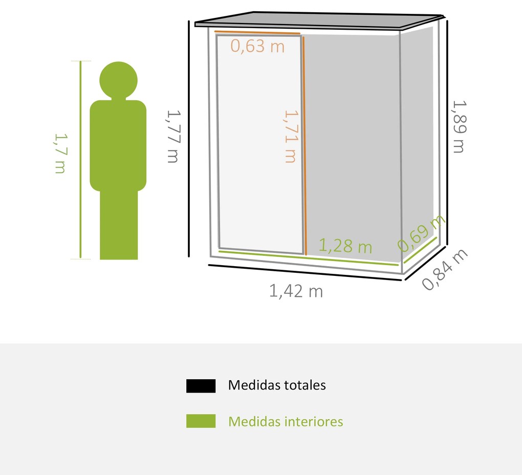 Abrigo de Jardim 1,07m² 142x84x189cm Abrigo de Jardim de Aço Galvanizado com Porta Fechadura e Orifícios de Drenagem para Armazenamento de Ferramentas