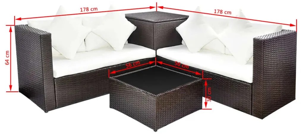 4 pcs conjunto lounge jardim c/ almofadões vime PE castanho