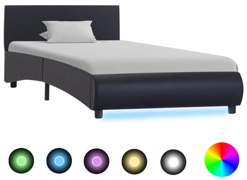 Estrutura de cama c/ LED 90x200 cm couro artificial preto
