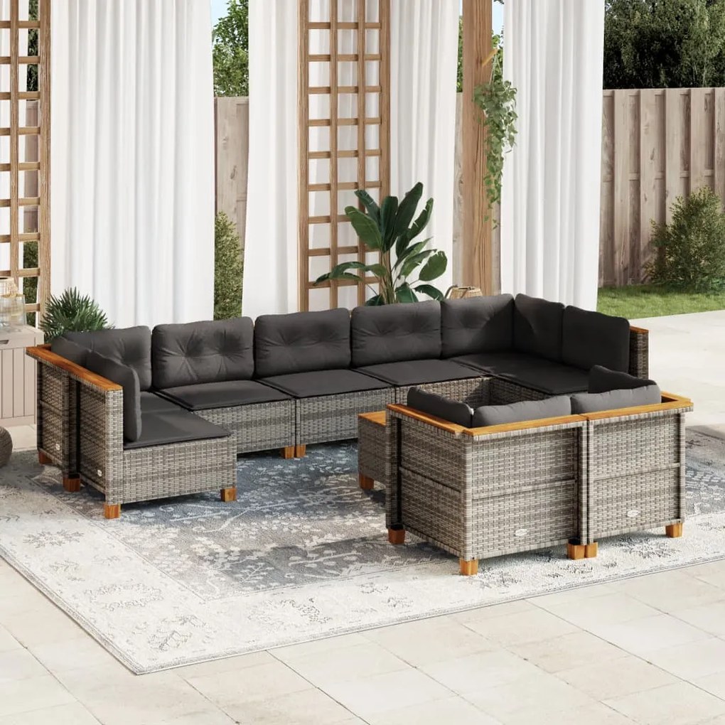 vidaXL 10 pcs conjunto sofás de jardim c/ almofadões vime PE cinzento