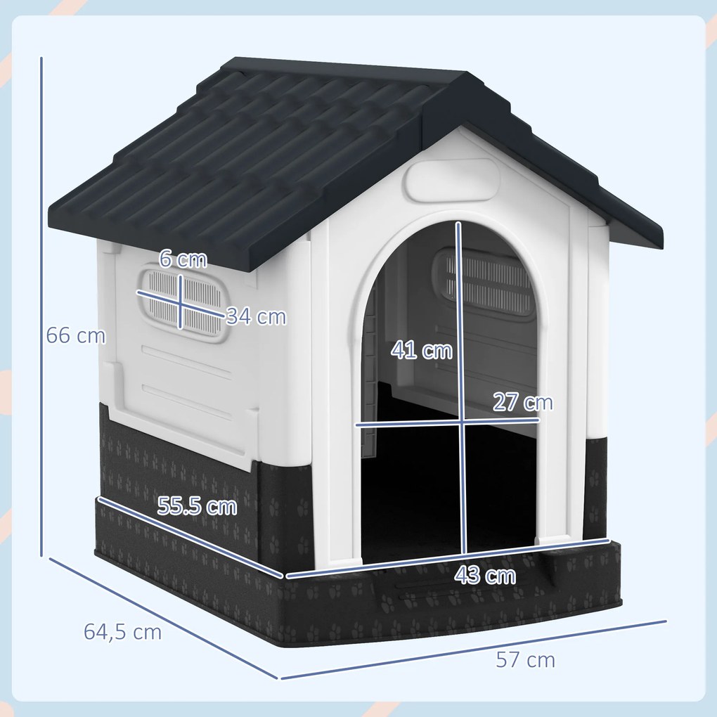 Casa para Cães Mini de Exterior em Plástico com 3 Janelas Base Elevada Telhado Inclinado 64,5x57x66 cm Cinzento Escuro