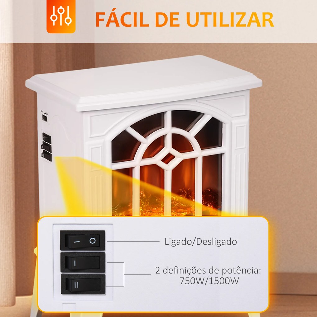 Lareira Elétrica Portátil 1000/2000W com Simulação de Chama Termostato e Proteção de Superaquecimento 36,5x24x46 cm Branco