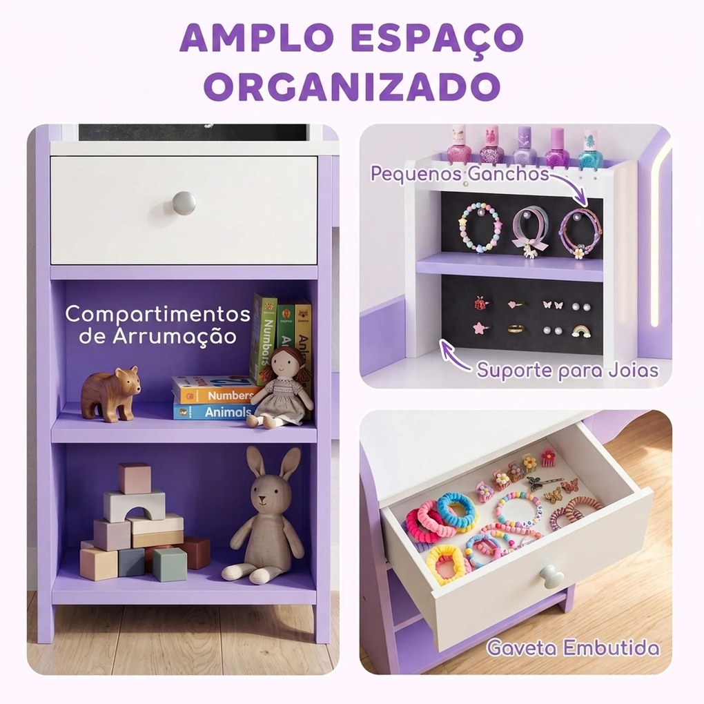 Penteadeira de Maquilhagem para Menina com Espelho LED de 2 Cores, Banco, Suportes para Joias, Gaveta e Compartimentos, Roxo