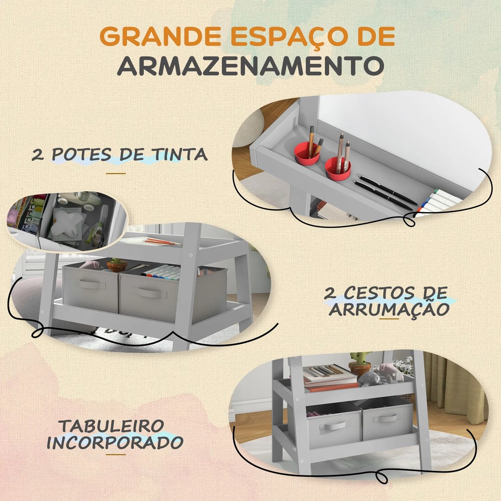 Cavalete de Pintura Infantil 3 em 1 Quadro Dupla Face com Rolo de Papel e Cestos de Arrumação Cinzento