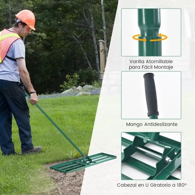 Ancinho de nivelamento de relva resistente com pega ergonómica para jardim, pátio, terrenos agrícolas 106 x 25 cm Verde