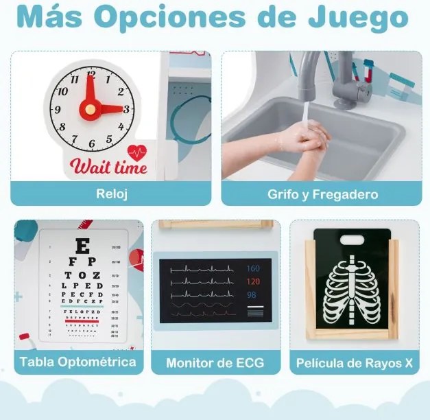 Hospital de brincar infantil com 24 acessórios Relógio Torneira Lavatório Monitor ECG para crianças a partir dos 3 anos 97 x 30,5 x 88 cm Azul