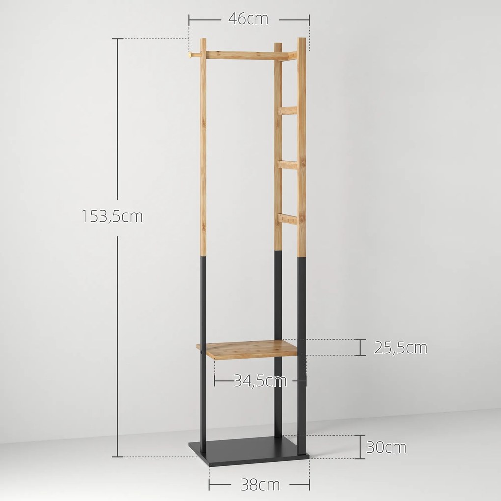 Cabide de Pé de Bambu com 2 Prateleiras 2 Ganchos 5 Barras e Estrutura de Aço 46x28,5x153,5 cm Madeira e Preto