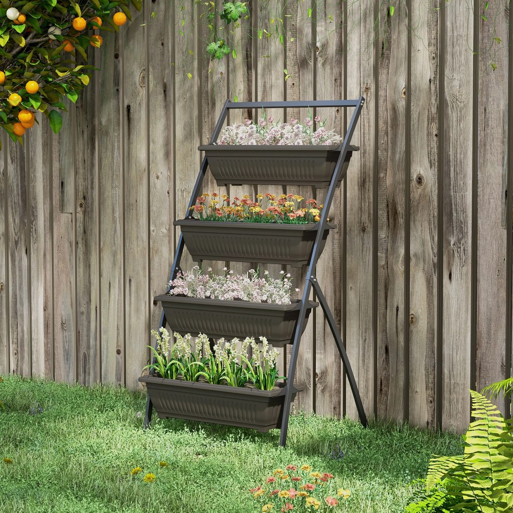Prateleira para flores em aço com 4 níveis 76 x 79 x 162 cm, suporte vertical para plantas com 4 vasos e orifícios de drenagem, castanho
