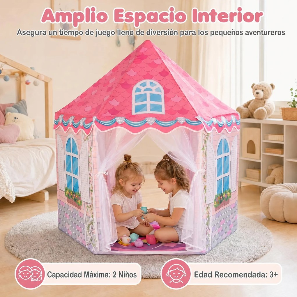 Tenda de Jogos Hexagonal para Crianças, 140 x 140 x 140 cm, Cortinas de Malha Respirável, Rosa