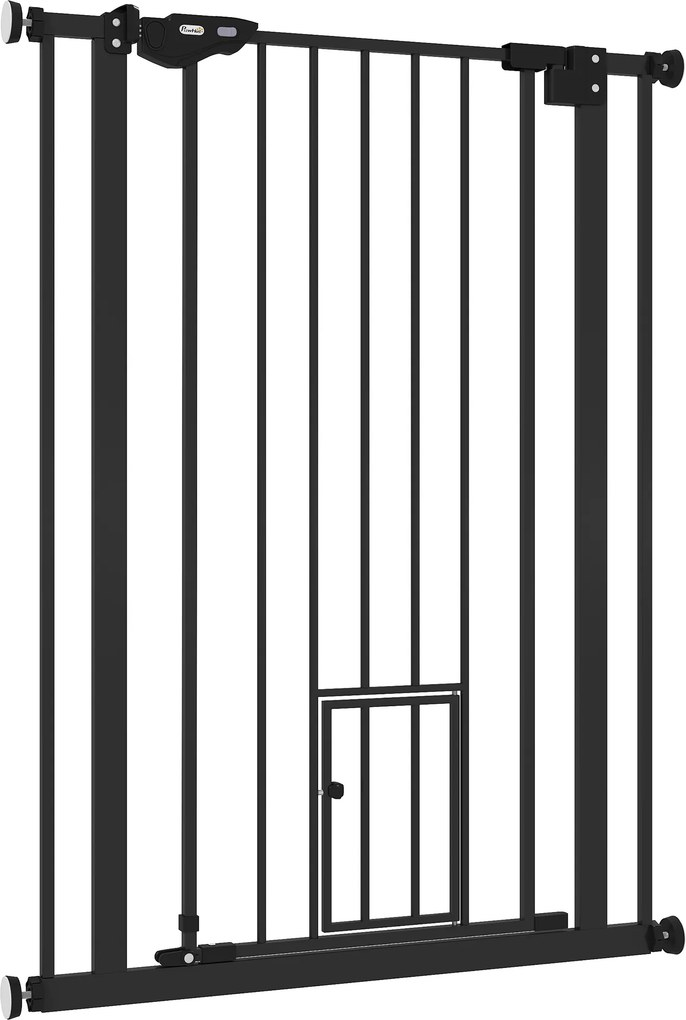 Barreira de segurança para animais com 104 cm de altura com porta para gatos, fecho automático e sistema de dupla travagem, ajustável de 74 a 80 cm, e